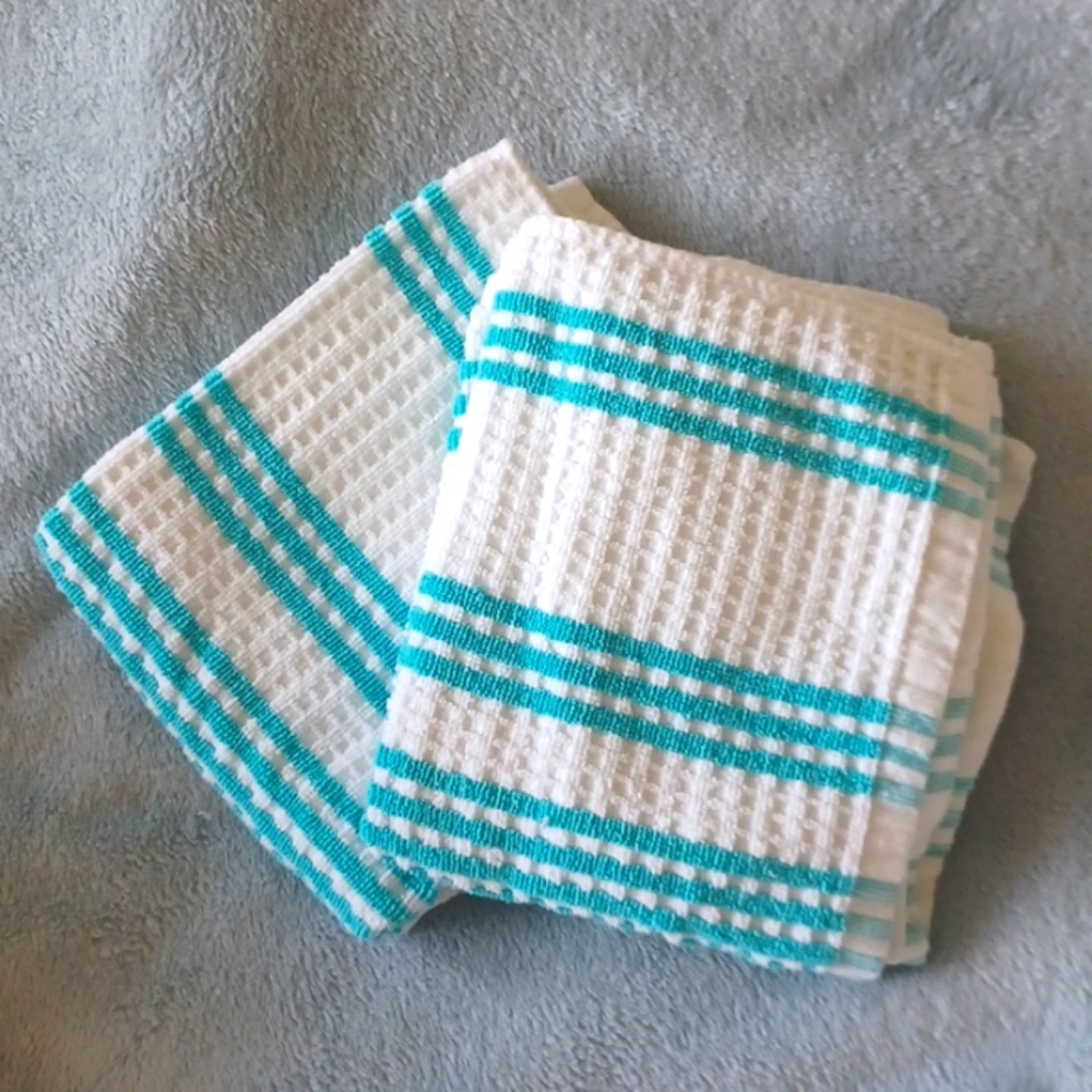 NEW White and Teal Waffle Knit Kitchen Towels Set of 2